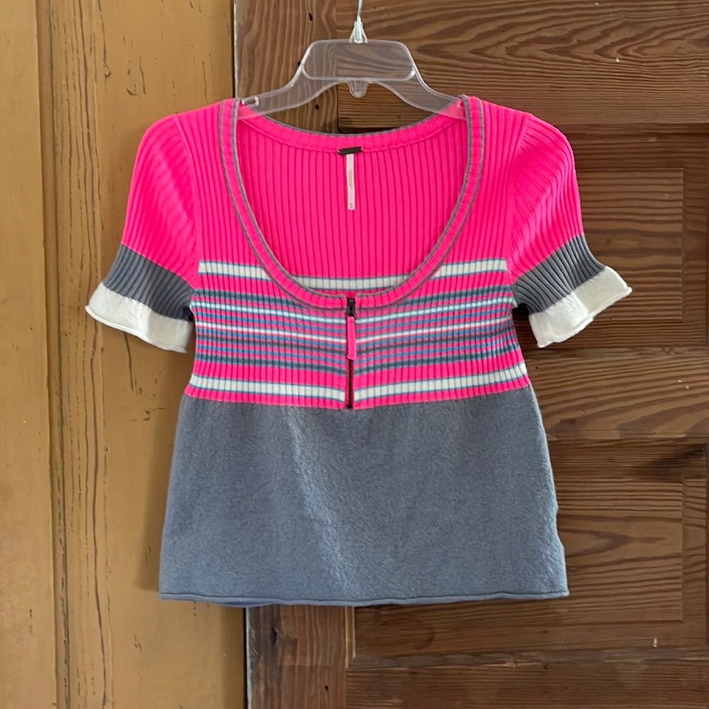 Free People Cropped Half Zip Short Sleeve Sweater Size S